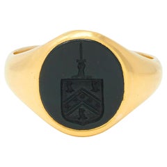 Victorian Bloodstone 18K Yellow Gold Crest Antique Unisex Shield Signet Ring