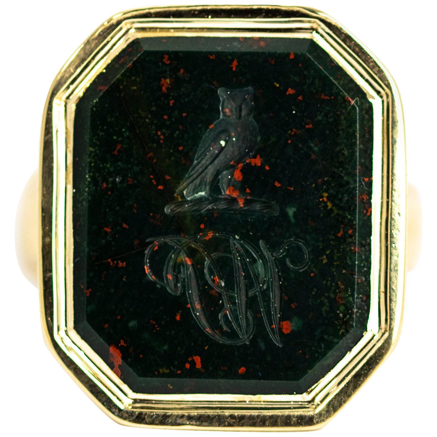Victorian Bloodstone and 9 Carat Gold Owl Signet Ring