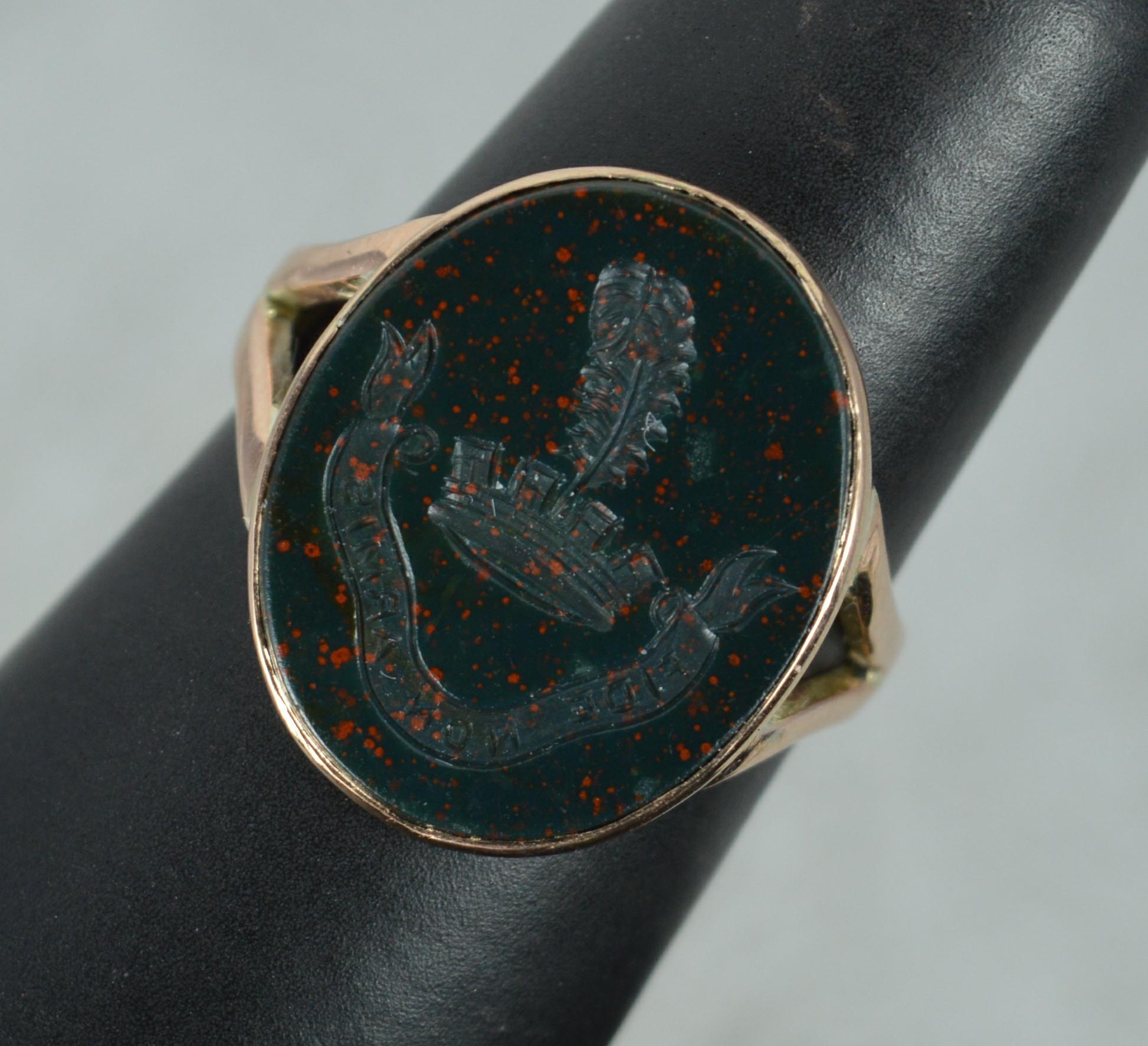 Victorian Bloodstone by Faith Not Arms 9ct Rose Gold Intaglio Signet Ring 6