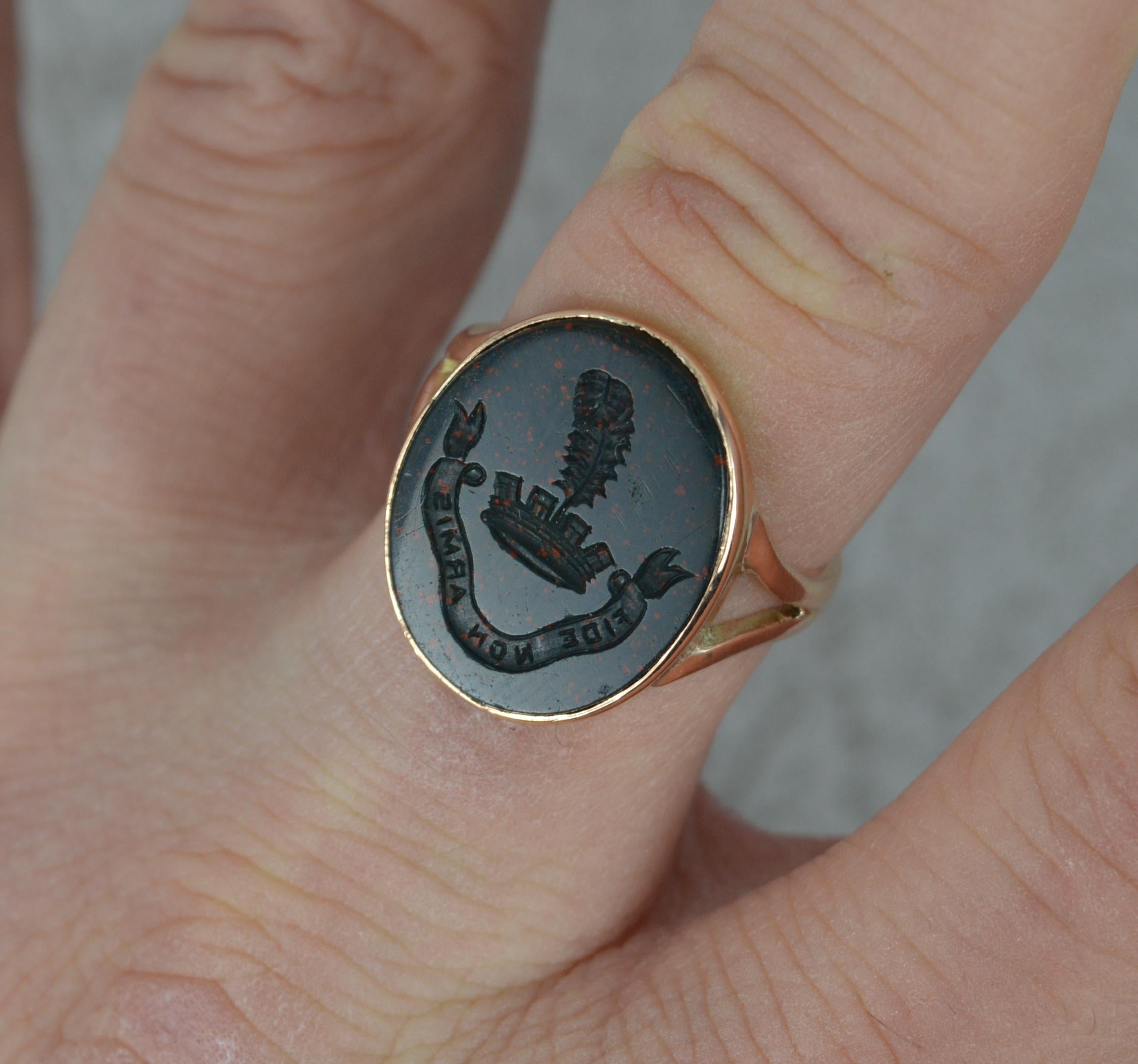Oval Cut Victorian Bloodstone by Faith Not Arms 9ct Rose Gold Intaglio Signet Ring