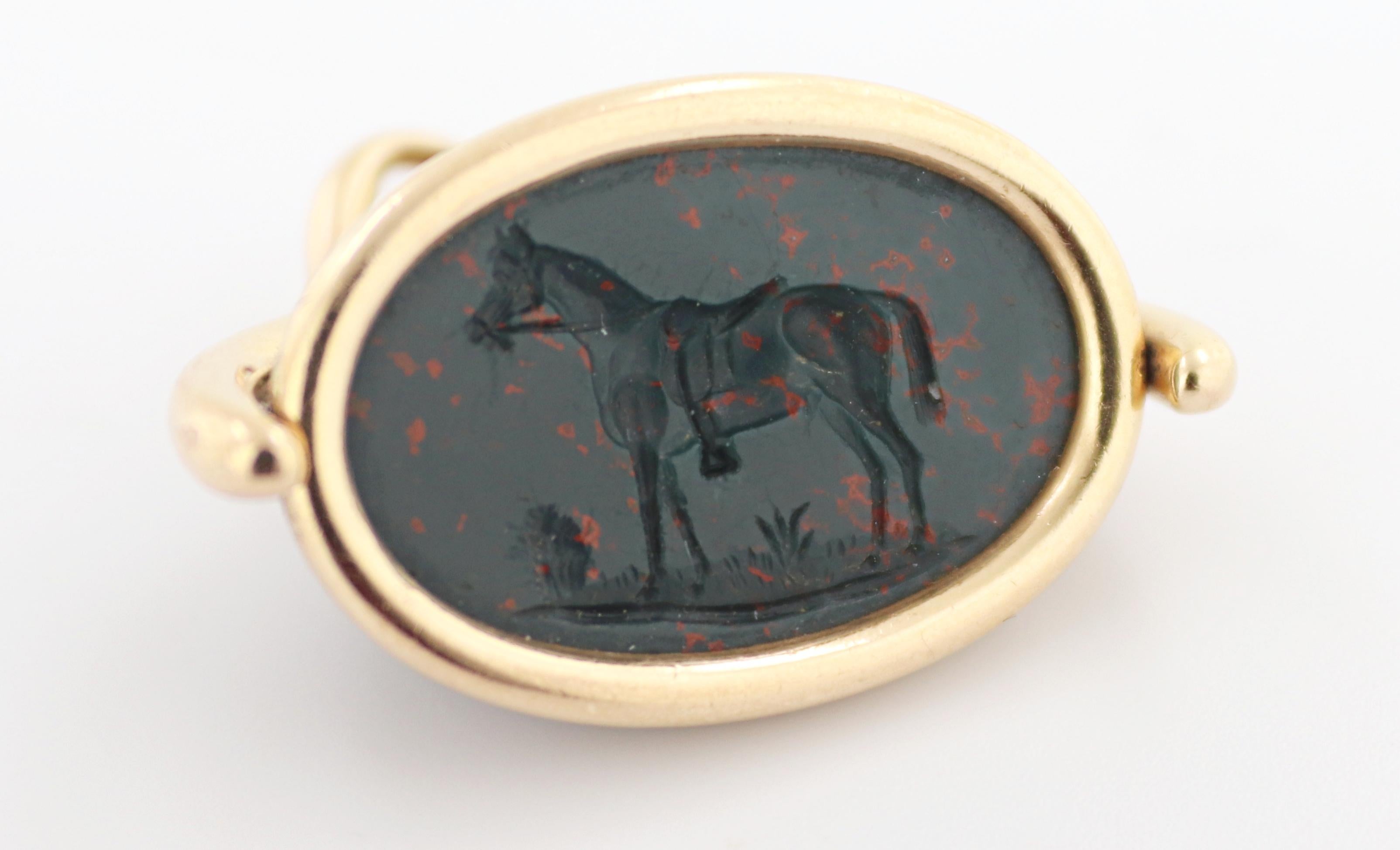 Victorian Bloodstone Scarab, Equestrian Seal Rose Gold Swivel Fob 2