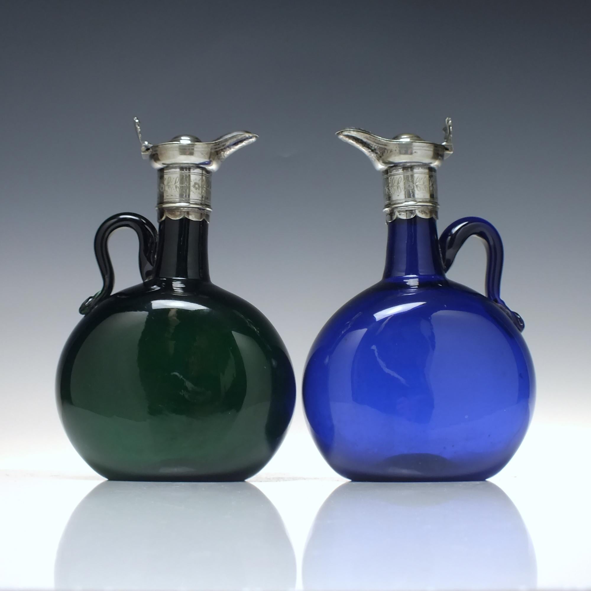 Victorian Blue and Green Glass Flagon Decanters in Silver Plated Frame 1860 3