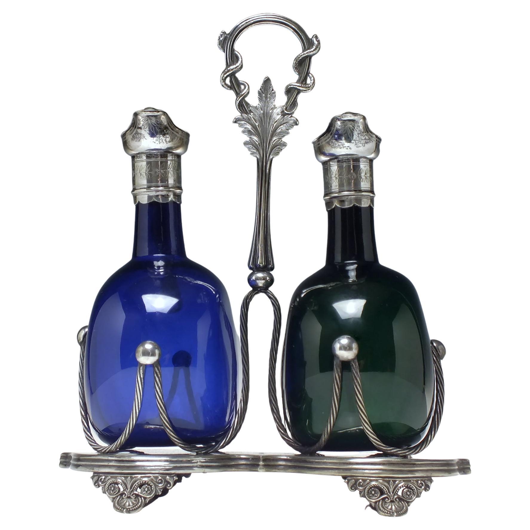 Victorian Blue and Green Glass Flagon Decanters in Silver Plated Frame 1860