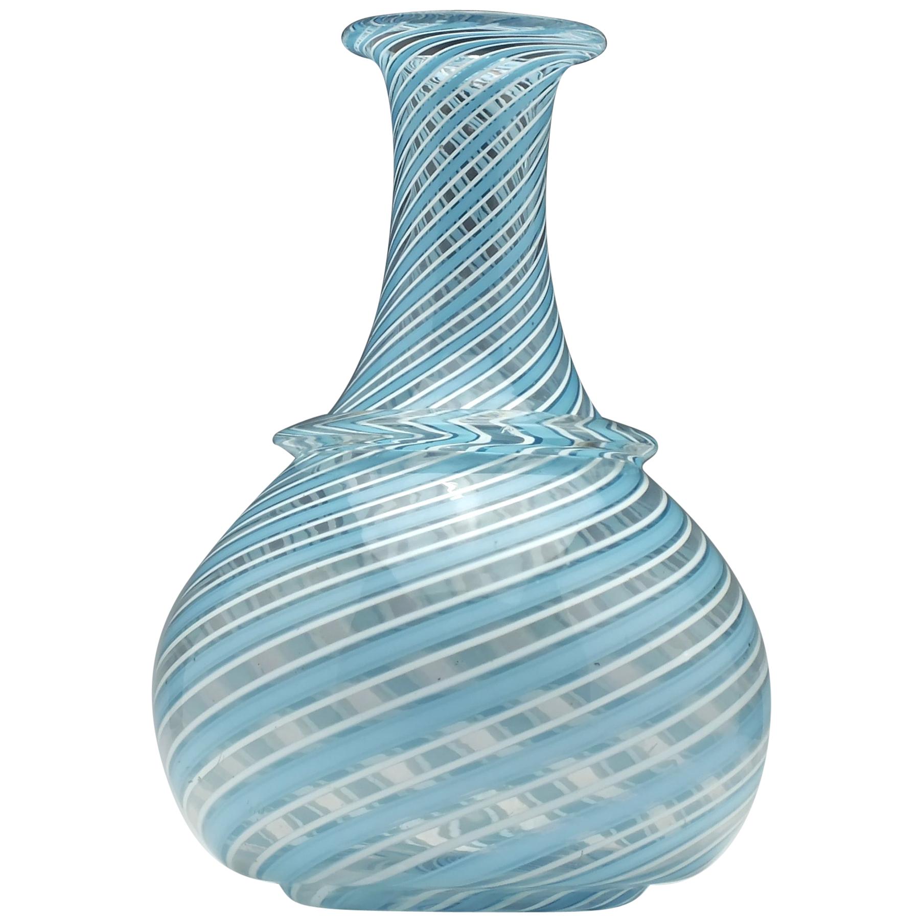 Victorian Blue and White Nailsea Type Trailed Glass Wine Carafe, circa 1845