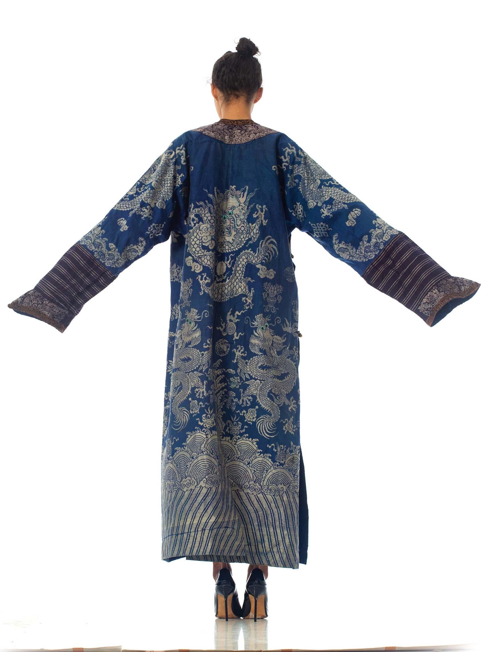 Victorian Blue Chinese Silk Jaquard Dragon Kaftan Ceremonial Robe 4