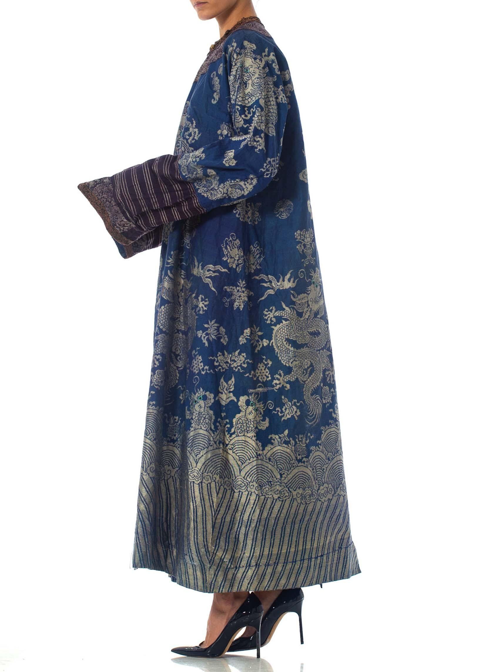 Black Victorian Blue Chinese Silk Jaquard Dragon Kaftan Ceremonial Robe