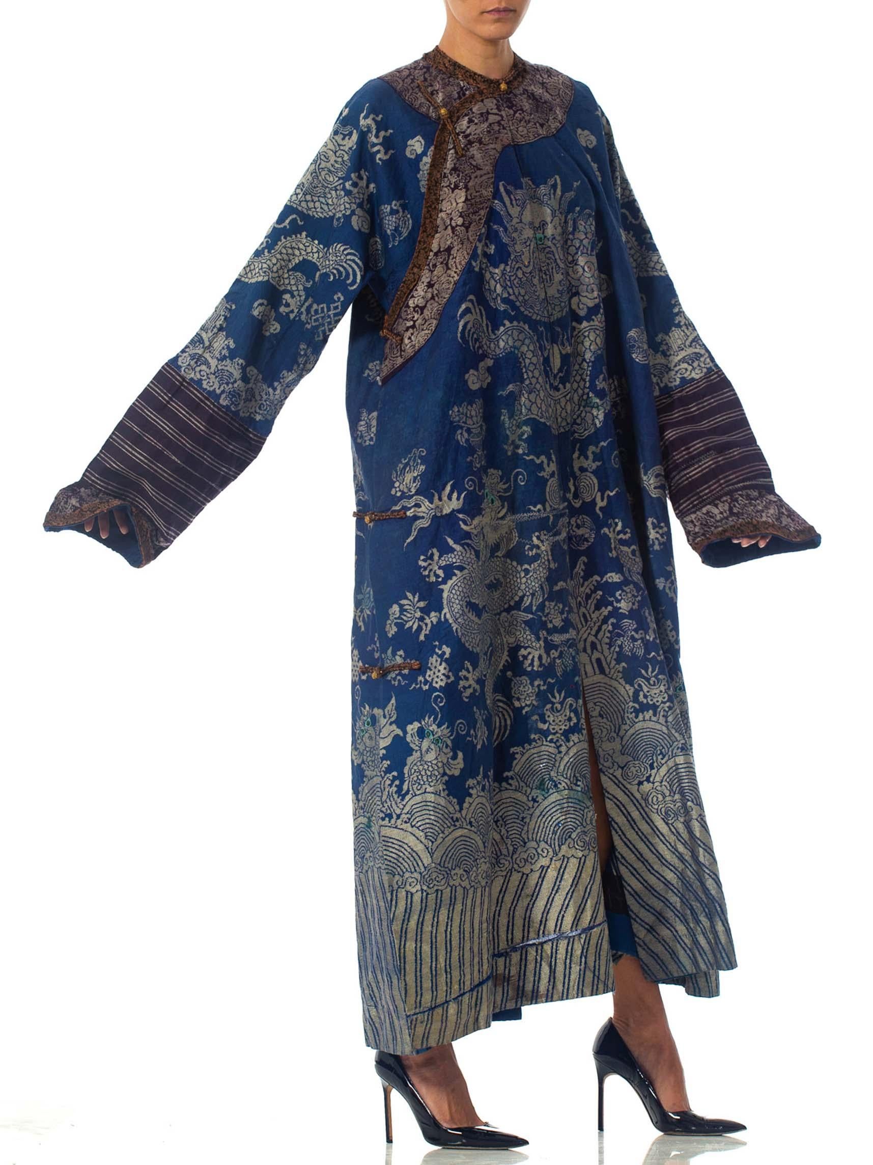 Victorian Blue Chinese Silk Jaquard Dragon Kaftan Ceremonial Robe In Fair Condition In New York, NY