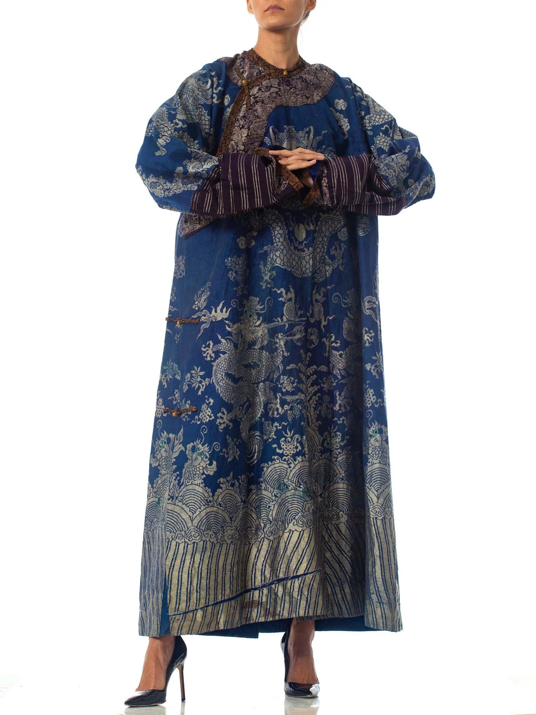 Women's Victorian Blue Chinese Silk Jaquard Dragon Kaftan Ceremonial Robe