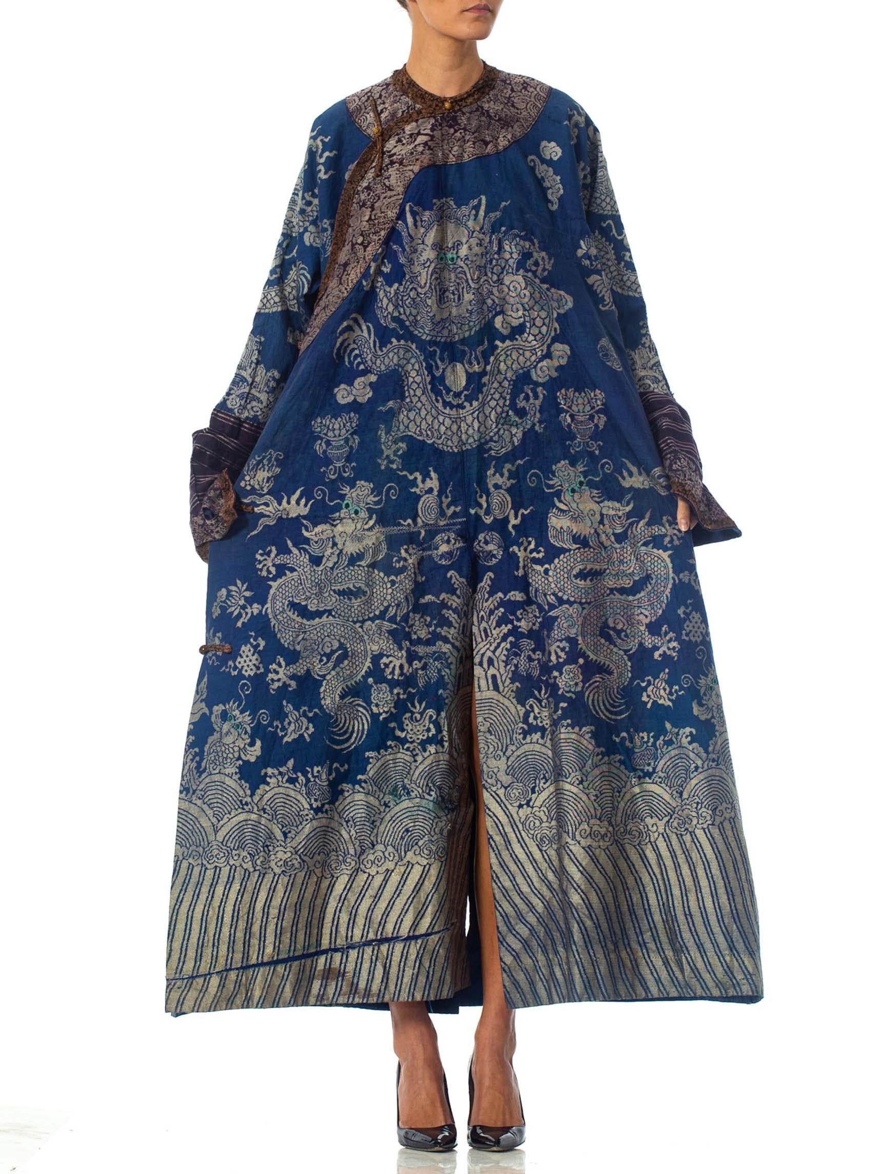 Victorian Blue Chinese Silk Jaquard Dragon Kaftan Ceremonial Robe 1