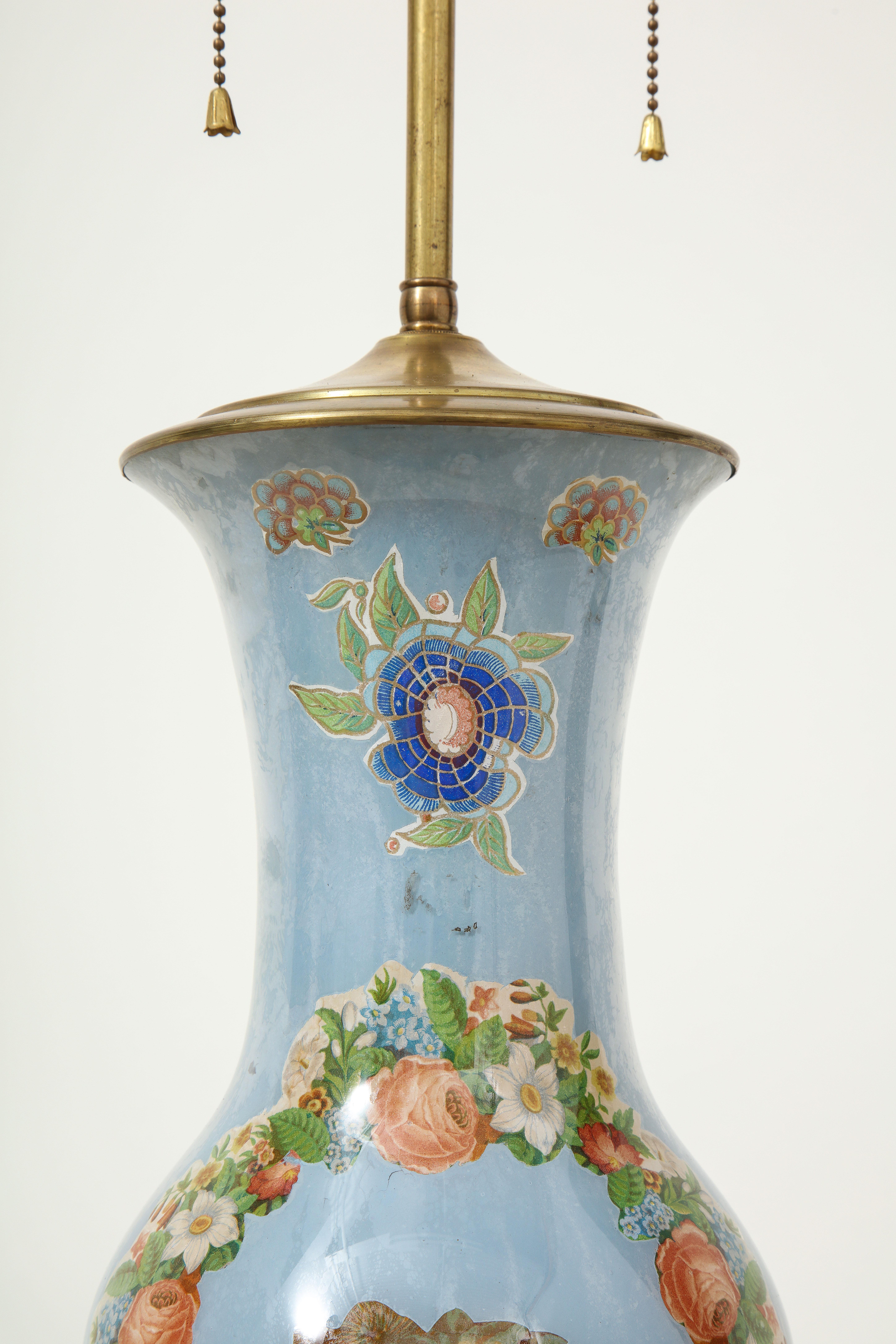 English Victorian Blue Decalcomania Vase Mounted as a Lamp For Sale