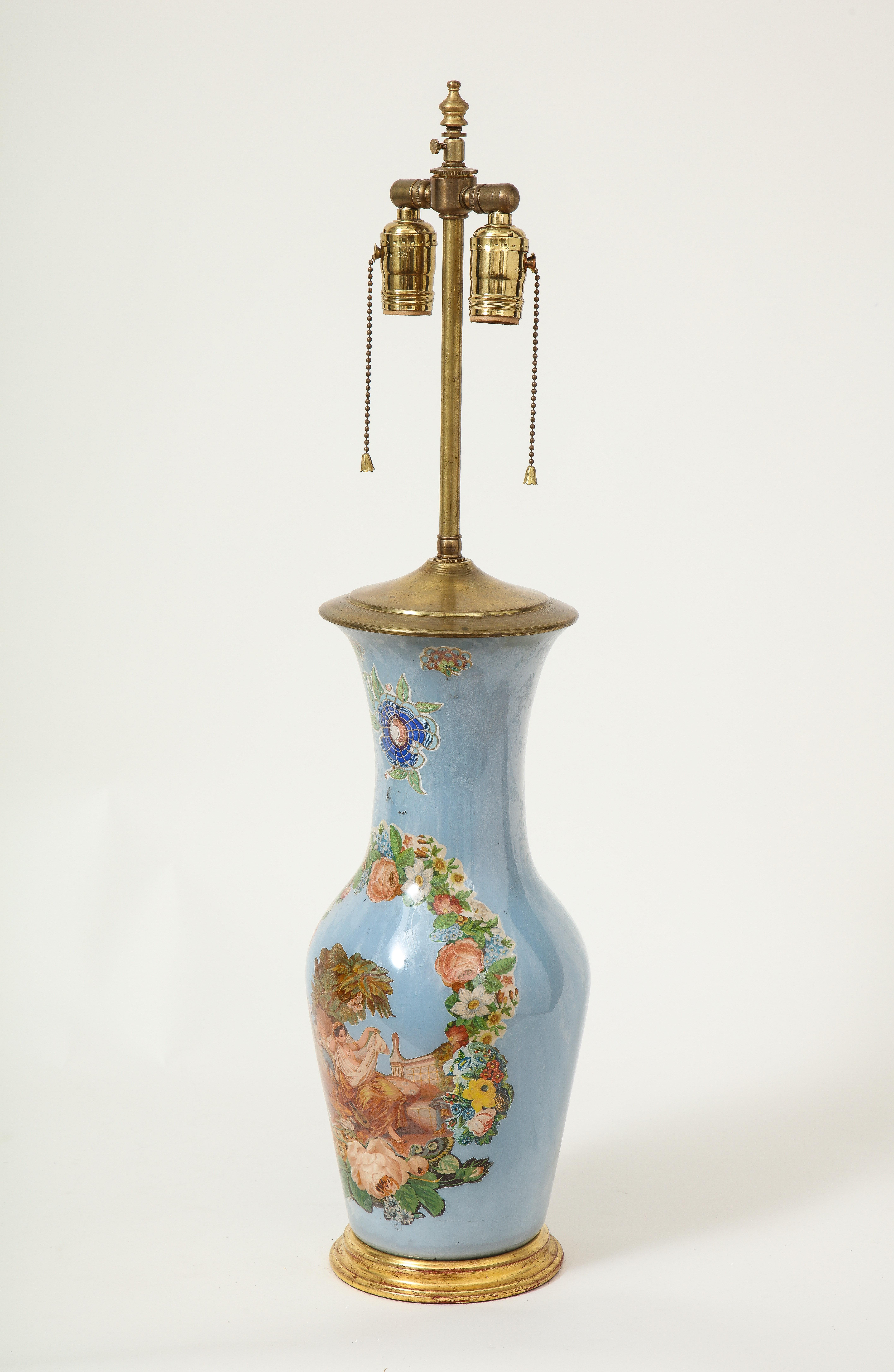 Victorian Blue Decalcomania Vase Mounted as a Lamp In Good Condition For Sale In New York, NY