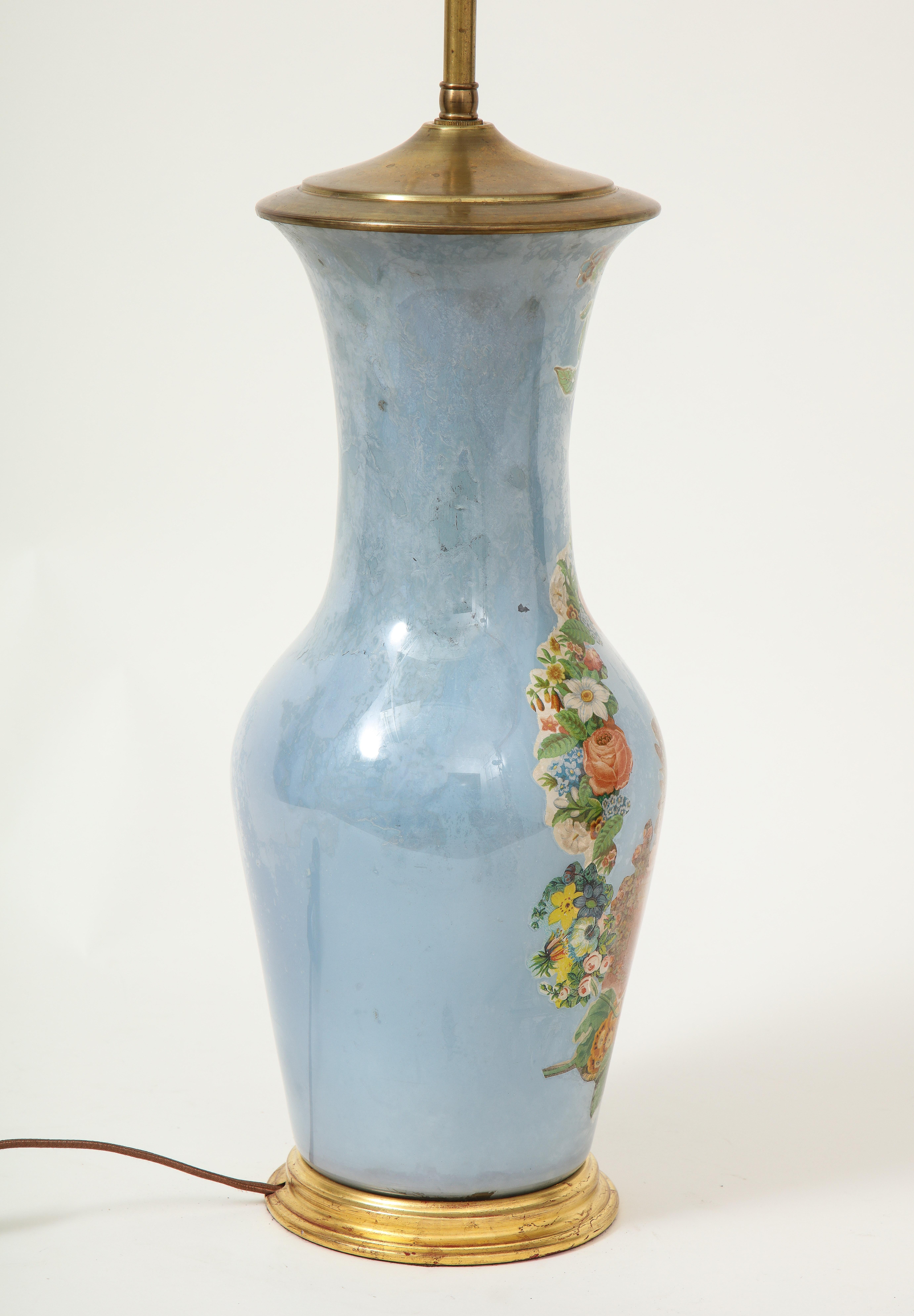 Glass Victorian Blue Decalcomania Vase Mounted as a Lamp For Sale