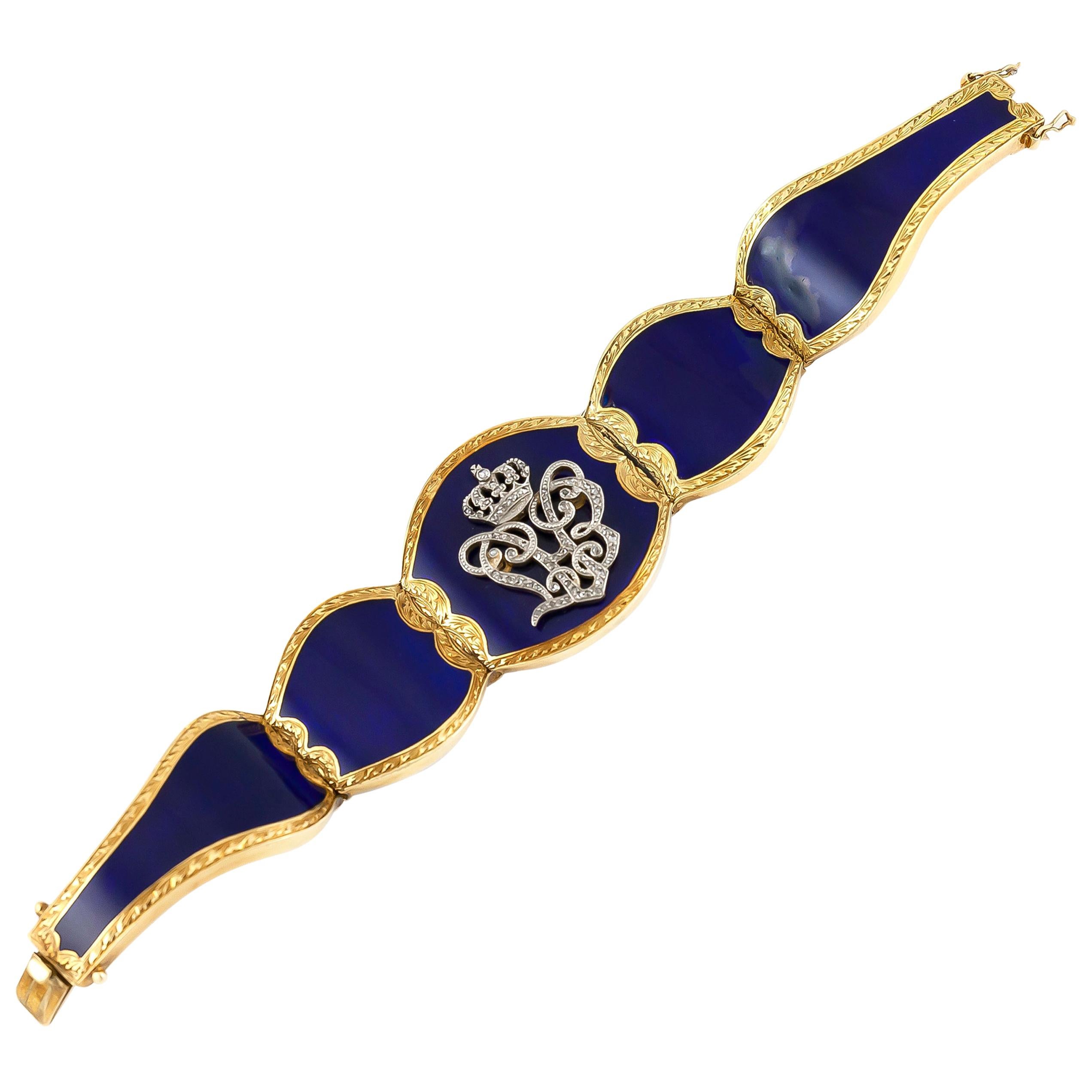 Victorian Blue Enamel 18 Karat Yellow Gold and Diamonds Bracelet