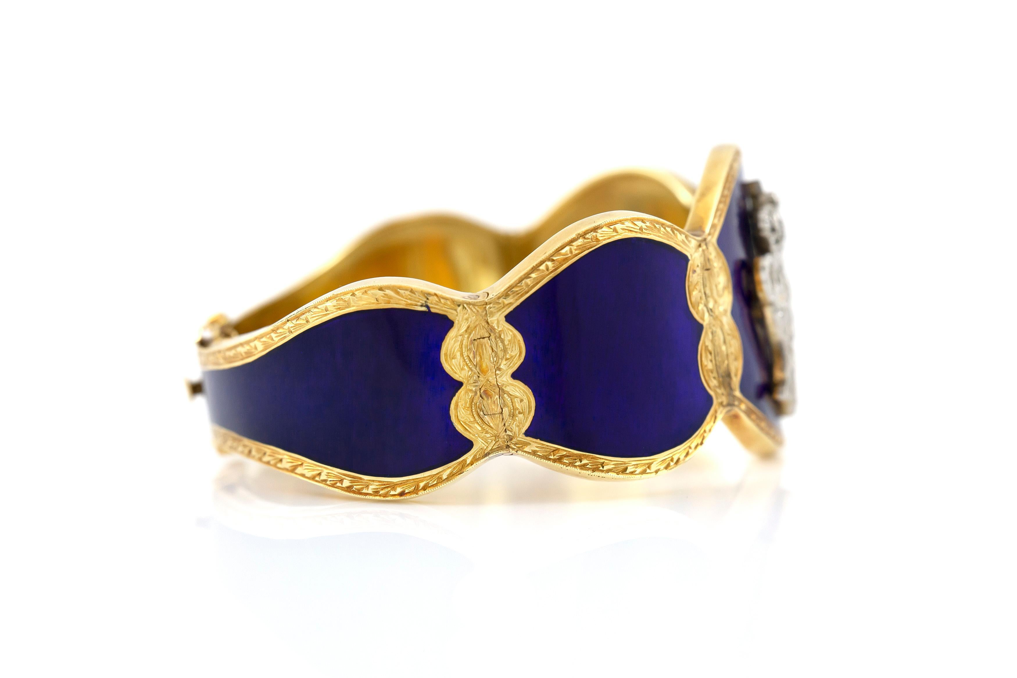 The bracelet is finely crafted in 18k yellow gold with blue enamel and diamonds weighing approximately total of 0.30 carat and all whole bracelet is weighing approximately total of 50.7 gram.