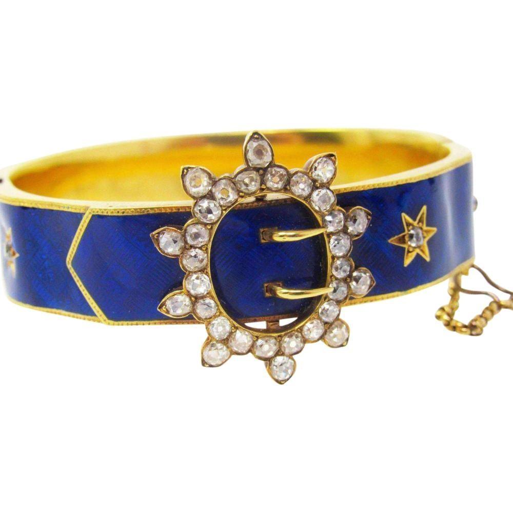 Women's or Men's Victorian Blue Enamel 3 Carat Mine Cut Diamond Buckle 18 Karat Gold Bracelet