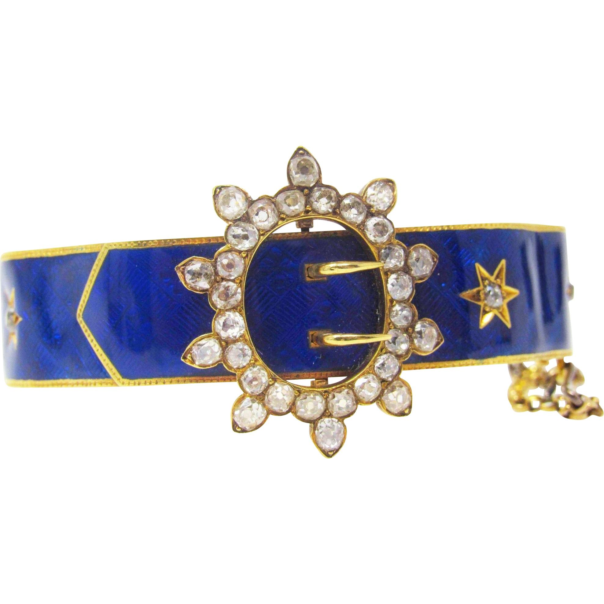 Victorian Blue Enamel 3 Carat Mine Cut Diamond Buckle 18 Karat Gold Bracelet