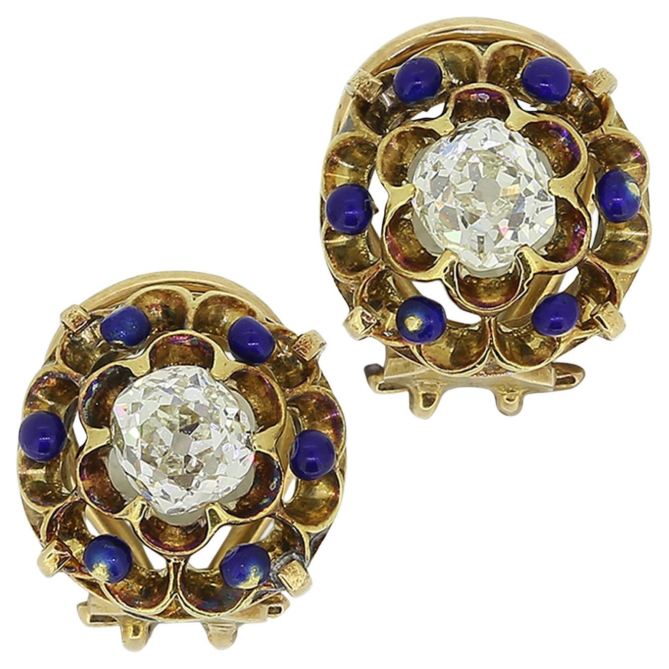 Viktorianische Ohrringe aus blauer Emaille und Diamanten