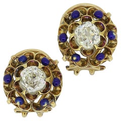 Antique Victorian Blue Enamel and Diamond Earrings