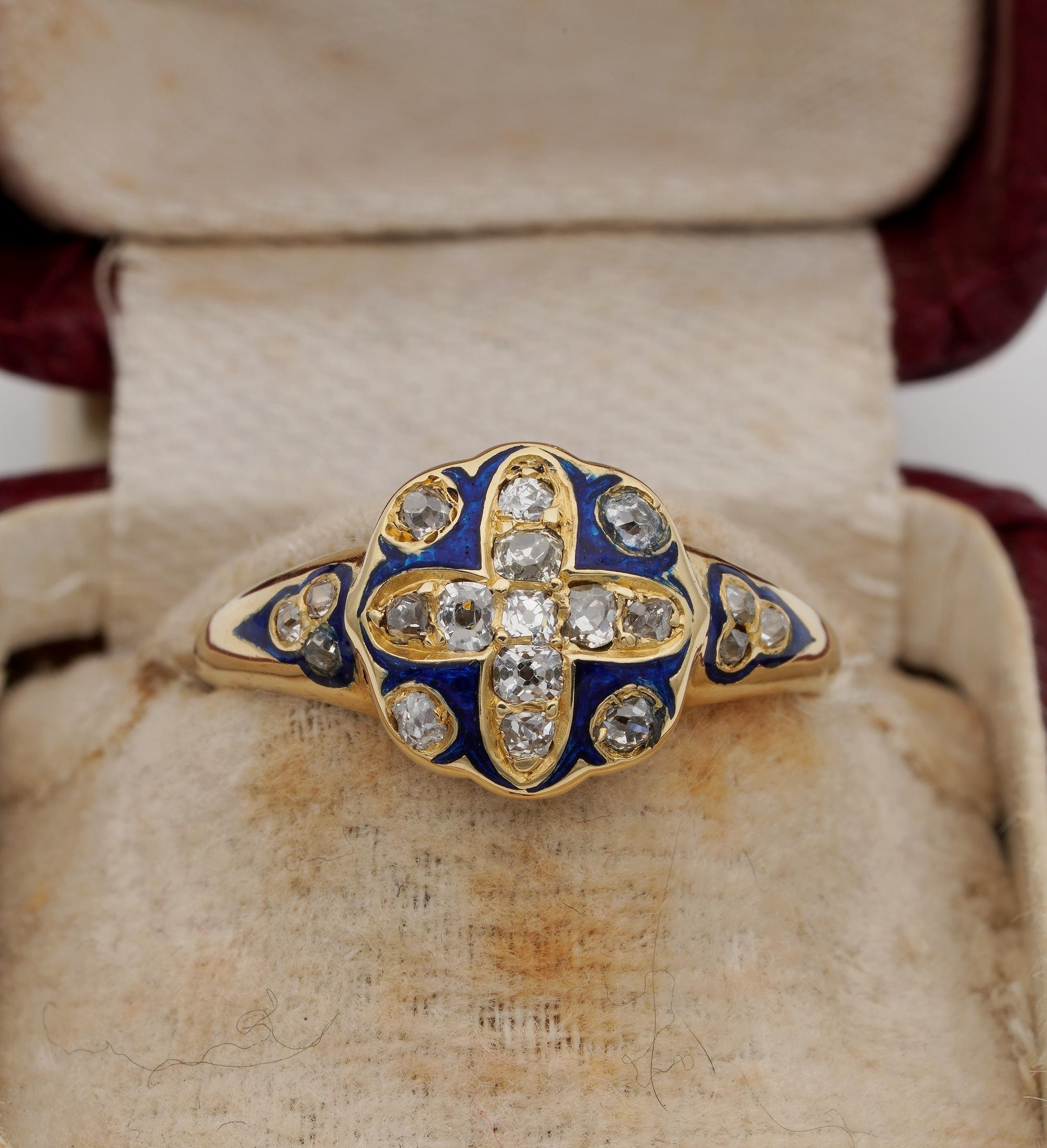 Victorian Memories
Beautiful Victorian period cruciform decorated with Royal Blue enamelling and Diamonds
Hand crafted of solid 18 KT gold – 1890 ca
Set with cushion shaped old mine cut Diamonds for approx .60 Ct. G/H VVS/SI
Low profile, lovely