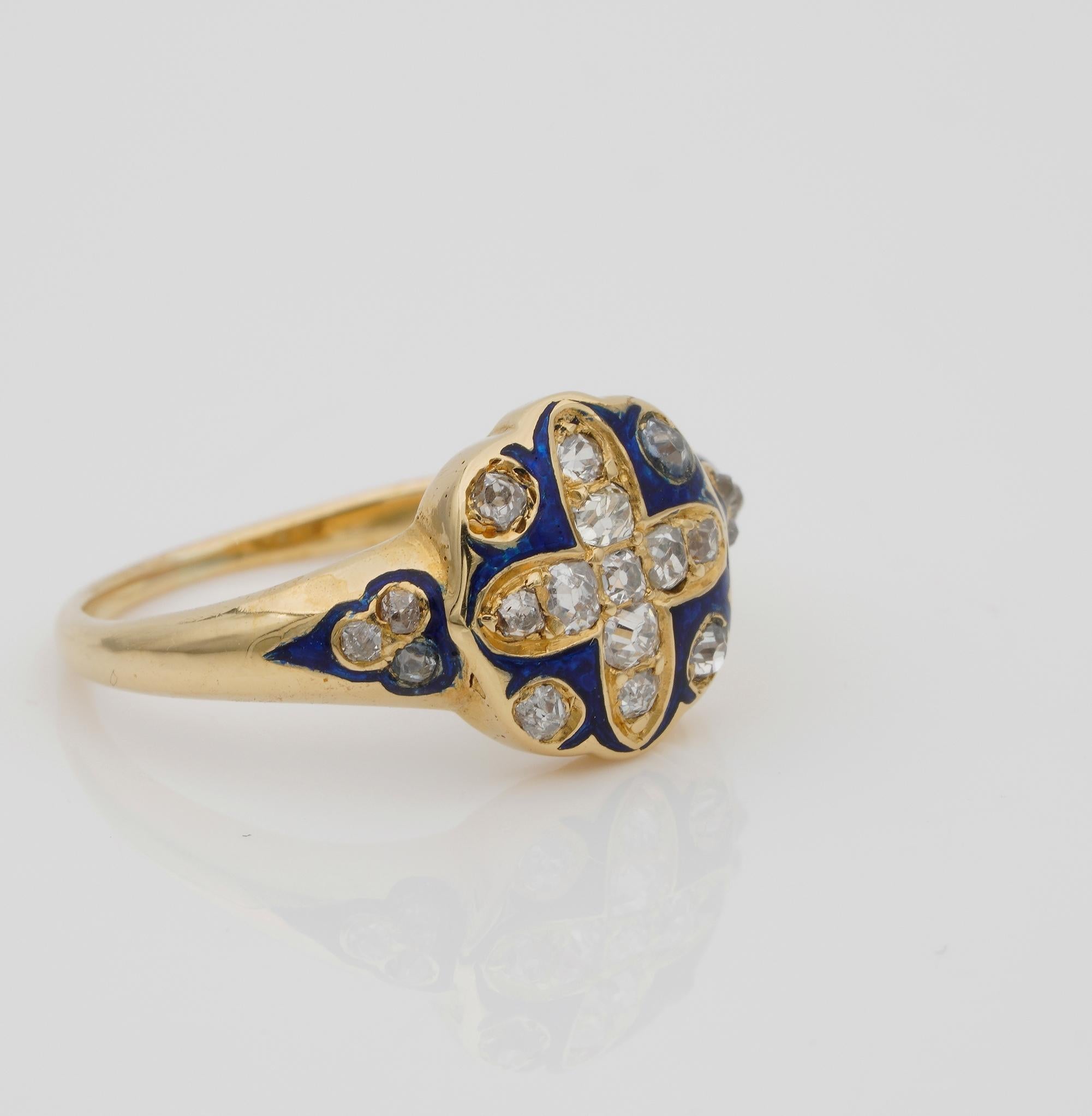 Old Mine Cut Victorian Blue Enamel and Diamond ring 18 KT For Sale