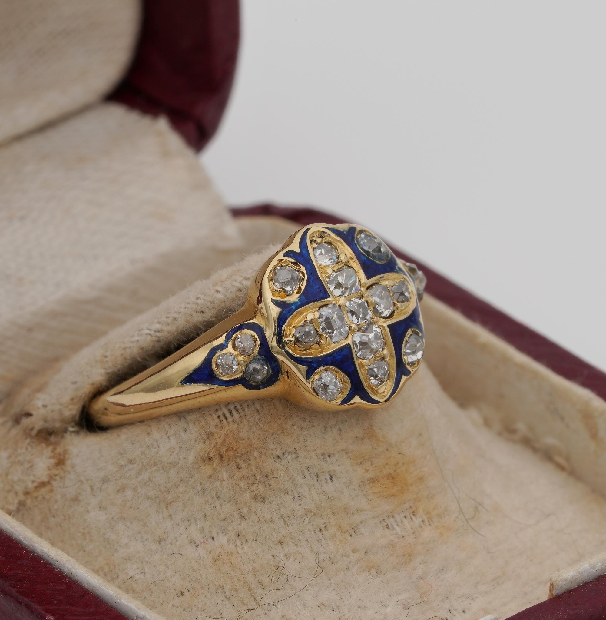 Victorian Blue Enamel and Diamond ring 18 KT In Good Condition For Sale In Napoli, IT