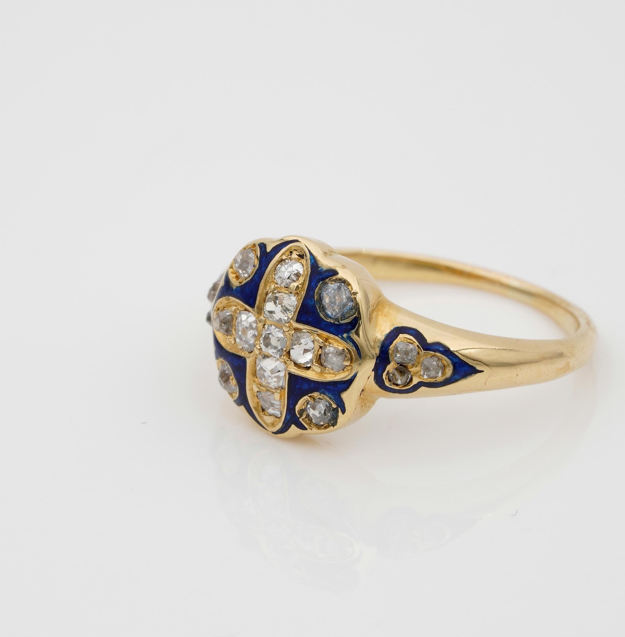 Women's Victorian Blue Enamel and Diamond ring 18 KT For Sale