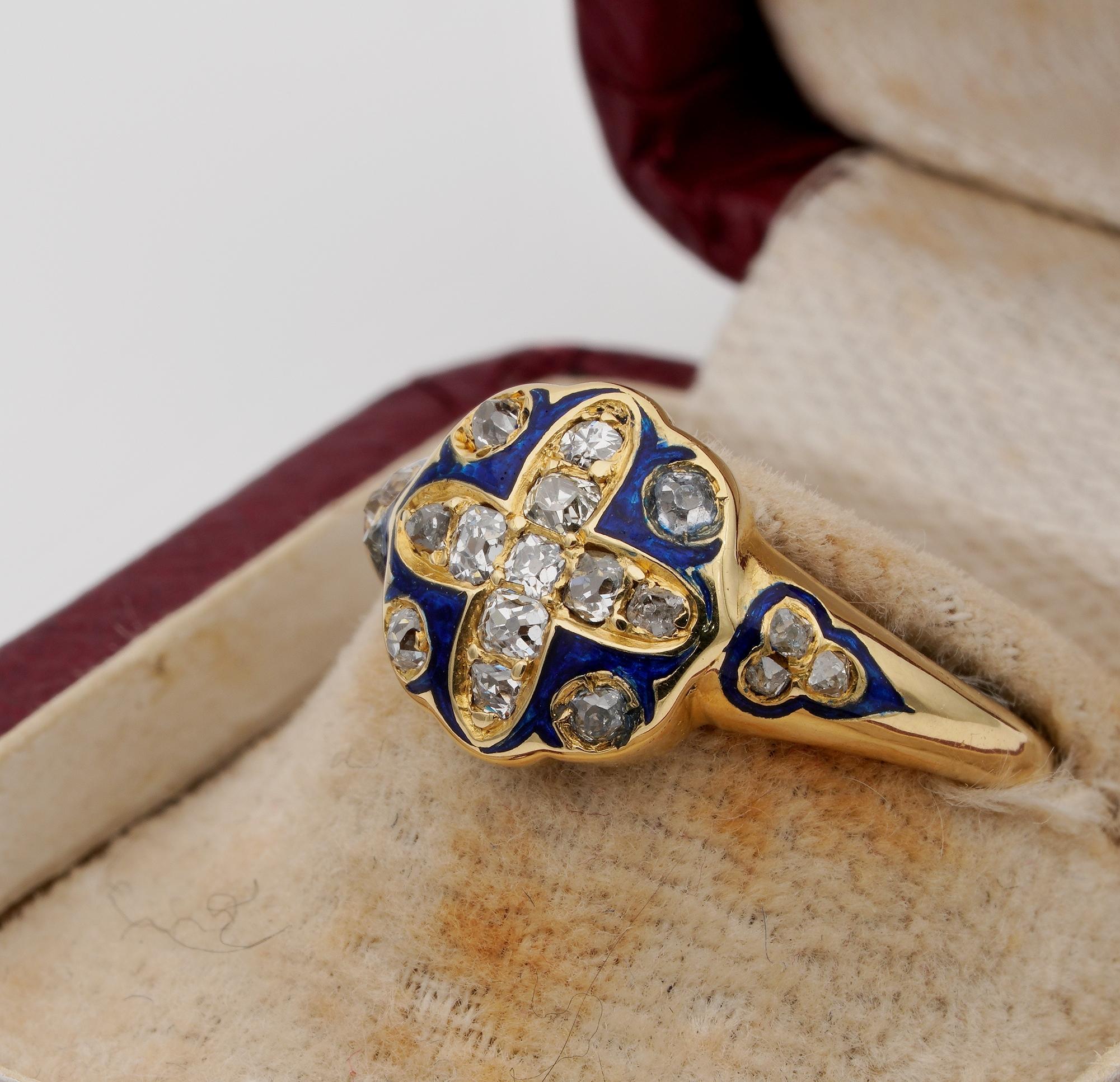Victorian Blue Enamel and Diamond ring 18 KT For Sale 1