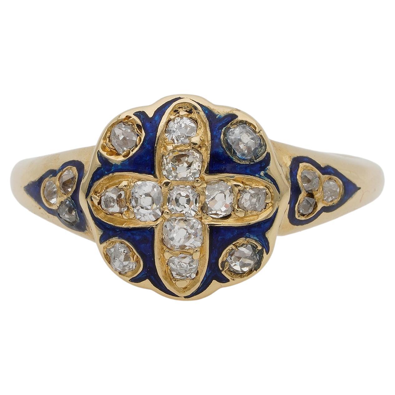 viktorianischer Ring aus blauer Emaille und Diamanten 18 KT