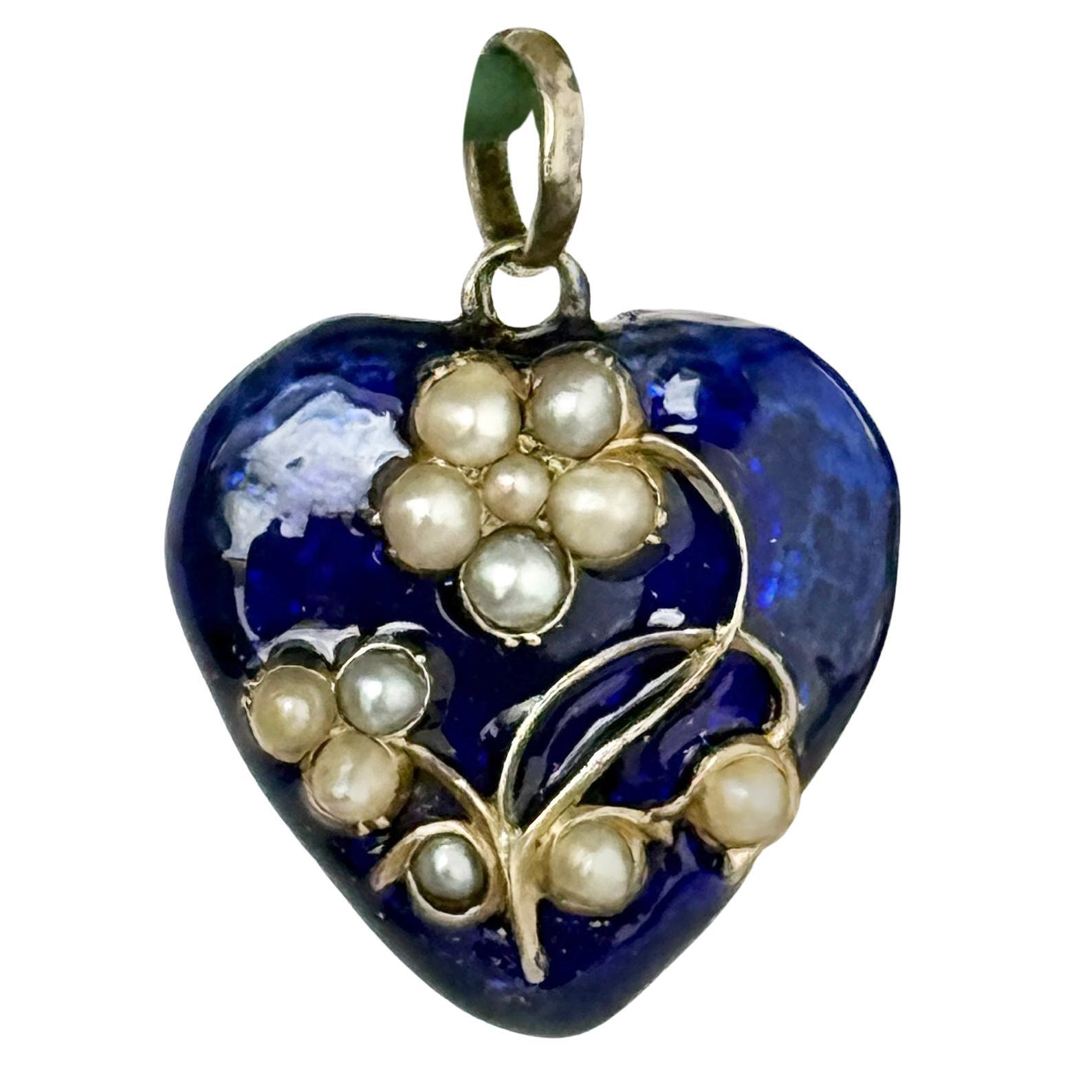 Collana vittoriana con ciondolo a medaglione in oro 9 carati e smalto blu e perle in vendita