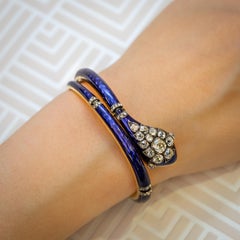 Victorian Blue Enamel Diamond Gold Snake Bangle