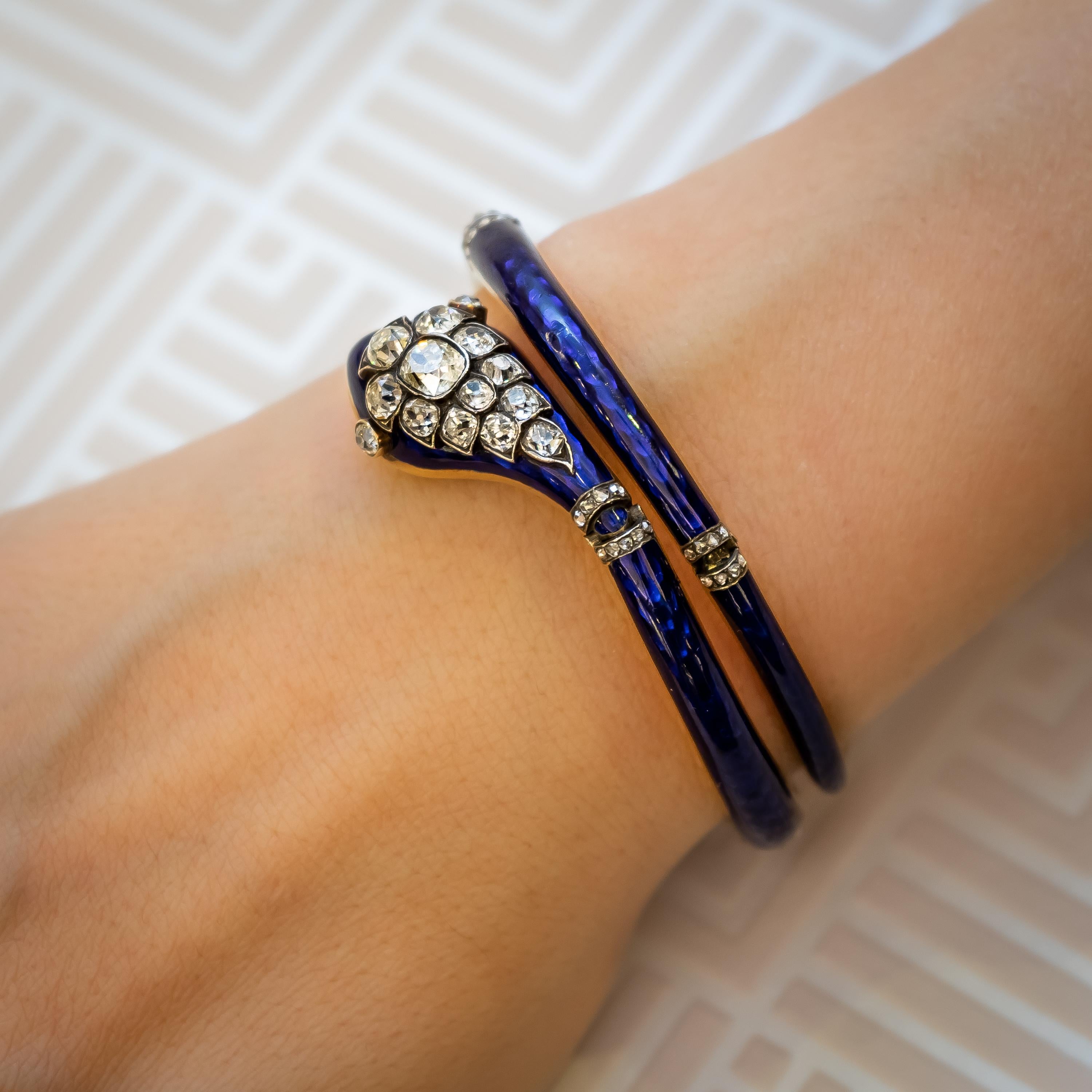 Victorian Blue Enamel Diamond Gold Snake Bangle In Good Condition In London, GB