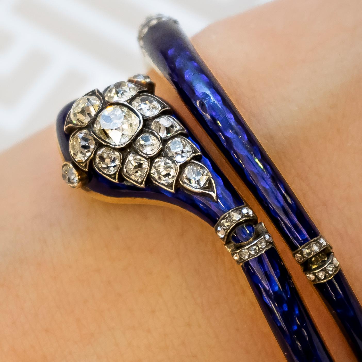 Women's Victorian Blue Enamel Diamond Gold Snake Bangle