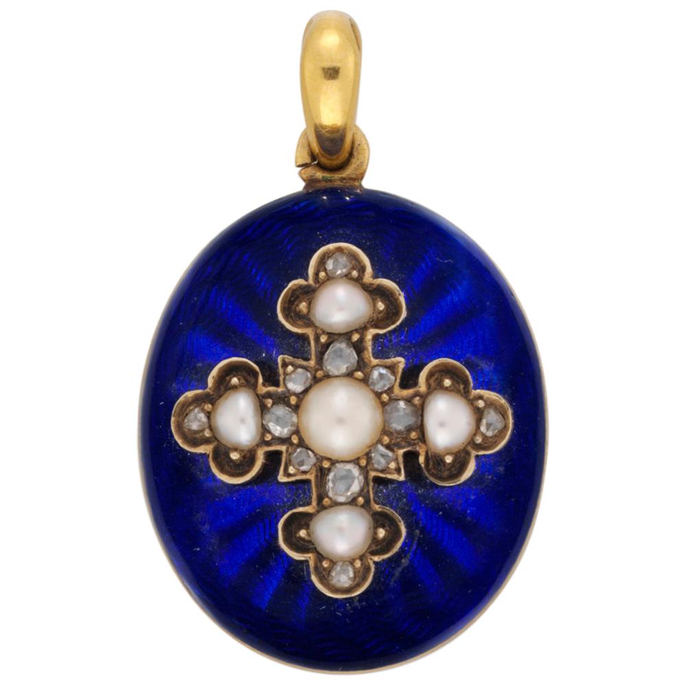 Victorian Blue Enamel Locket and Earrings For Sale