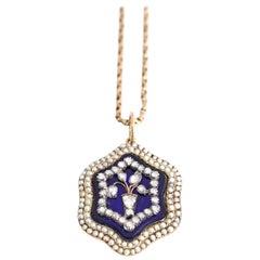 Victorian Blue Enamel Natural Pearls Rose-Cut Diamonds Gold Flower Pendant, 1900