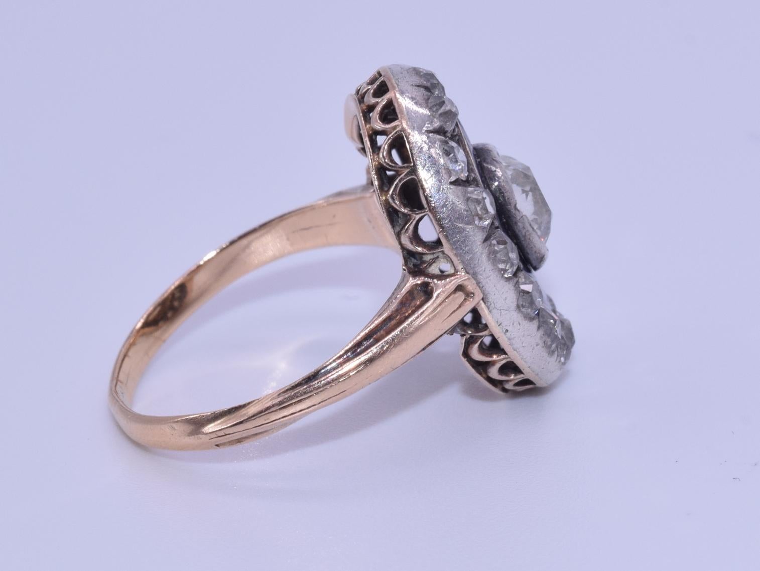 Women's Victorian Blue Enamel Old Mine Diamond Silver Gold Ring For Sale