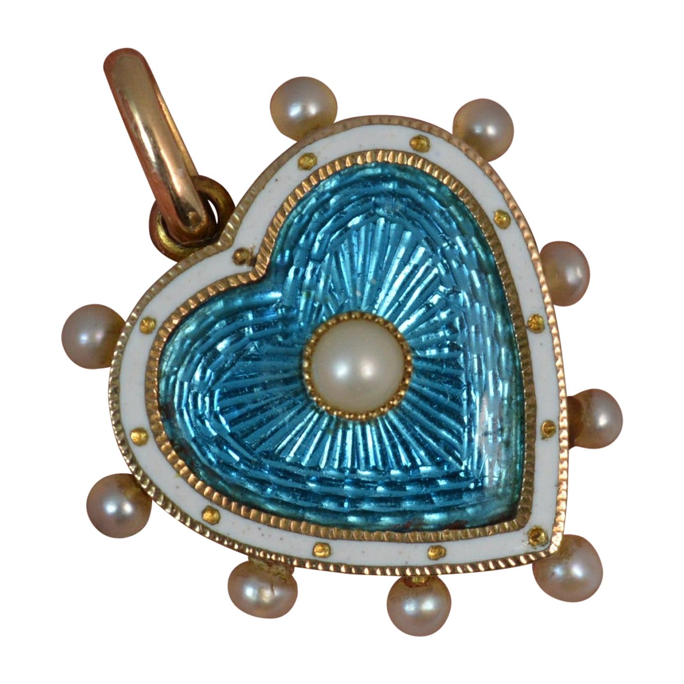 Victorian Blue Enamel Pearl 15 Carat Gold Heart Locket Pendant