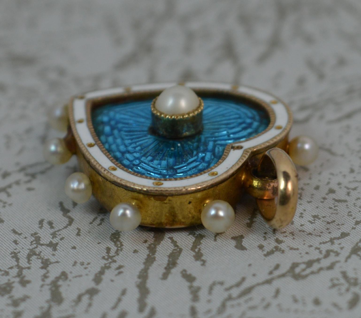 Victorian Blue Enamel Pearl 15 Carat Gold Heart Locket Pendant In Excellent Condition In St Helens, GB