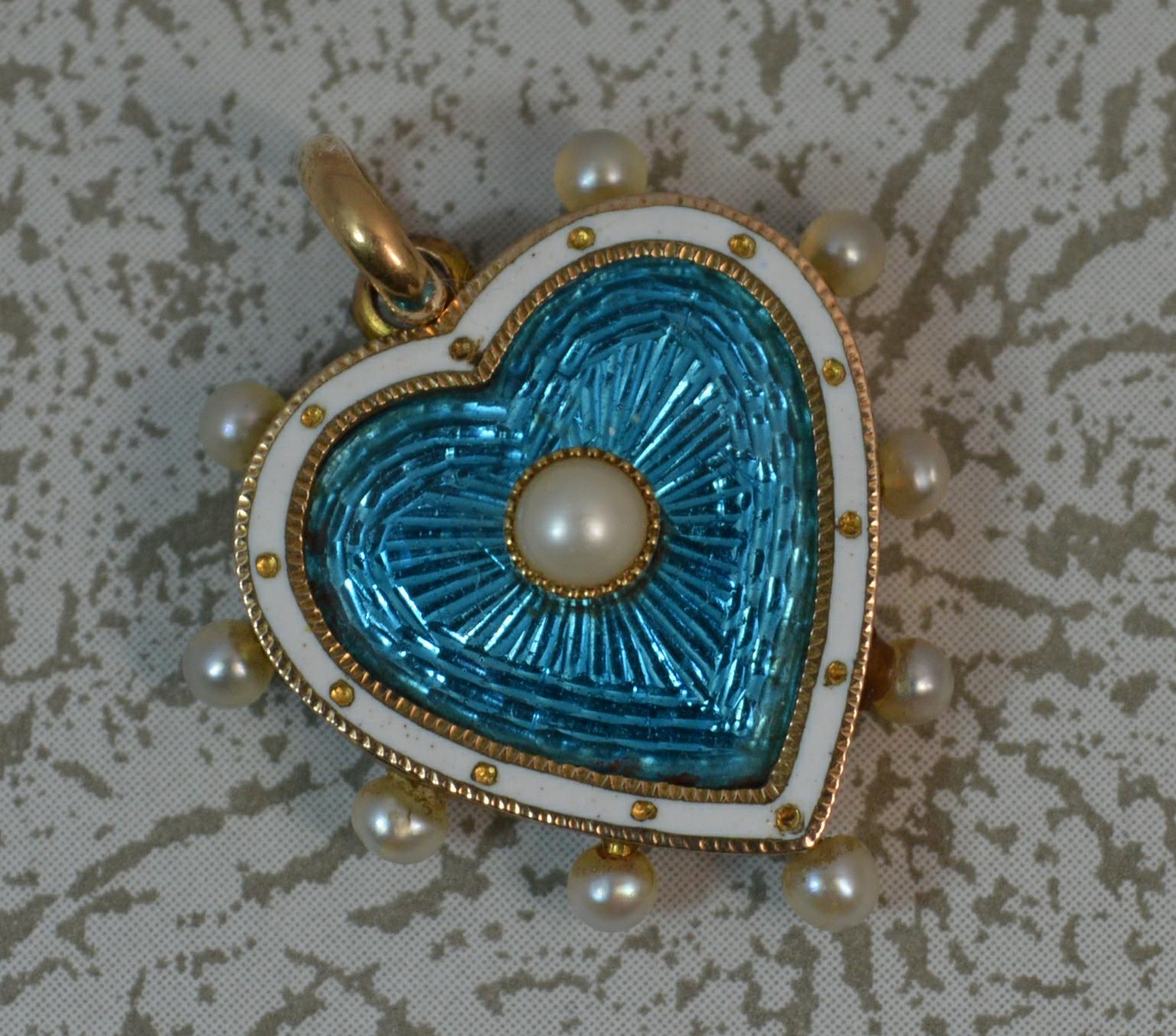 Women's Victorian Blue Enamel Pearl 15 Carat Gold Heart Locket Pendant