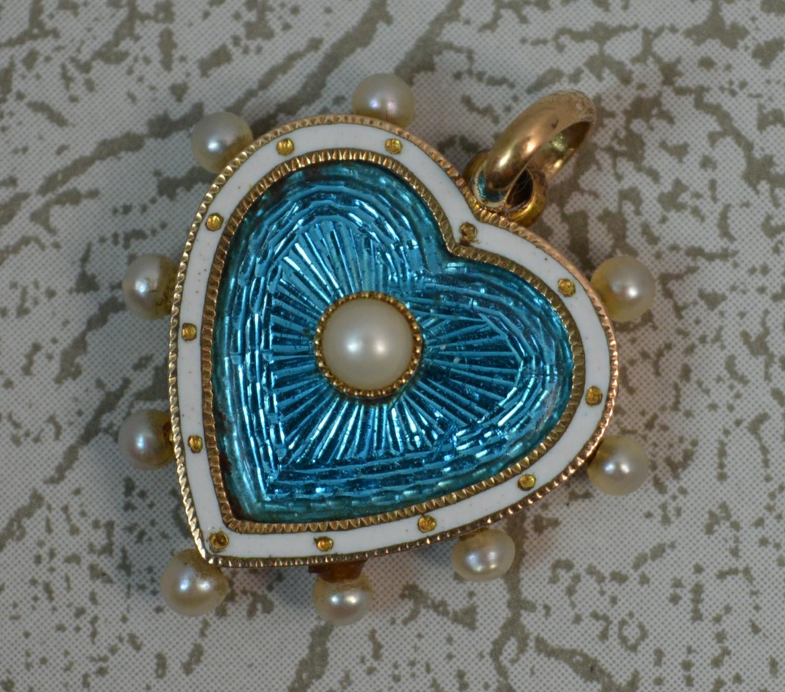 Victorian Blue Enamel Pearl 15 Carat Gold Heart Locket Pendant 1