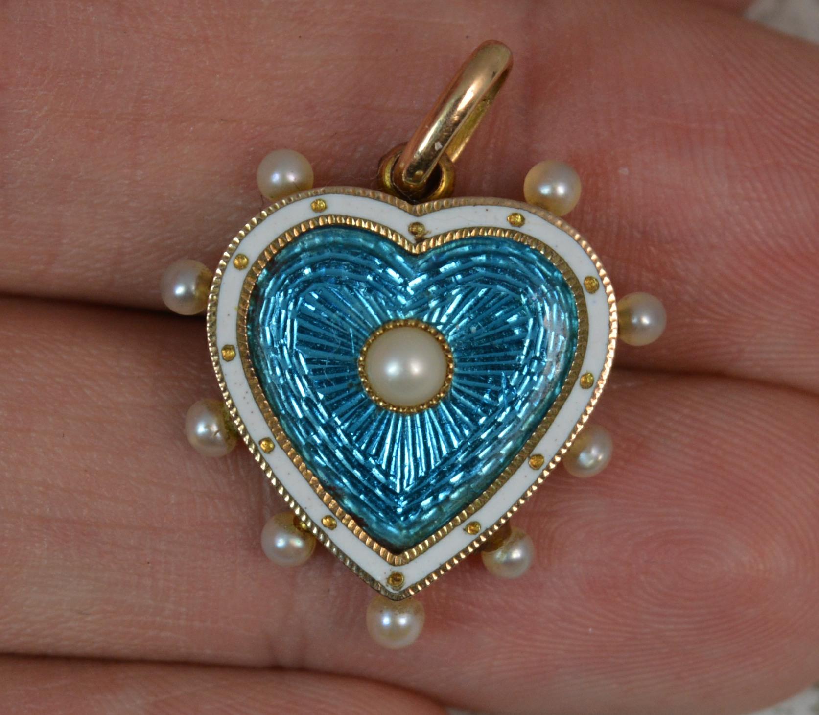 Victorian Blue Enamel Pearl 15 Carat Gold Heart Locket Pendant 4