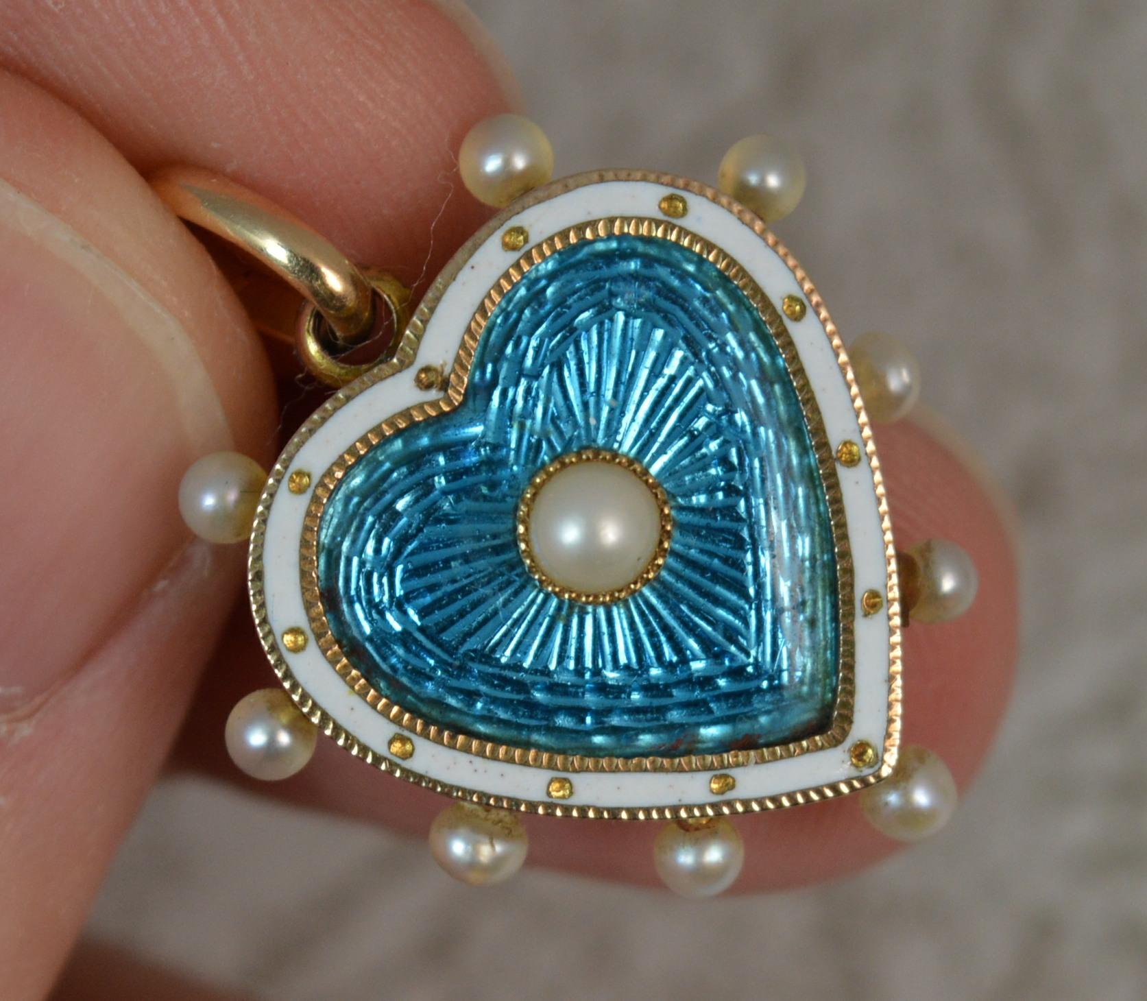 Victorian Blue Enamel Pearl 15 Carat Gold Heart Locket Pendant 5