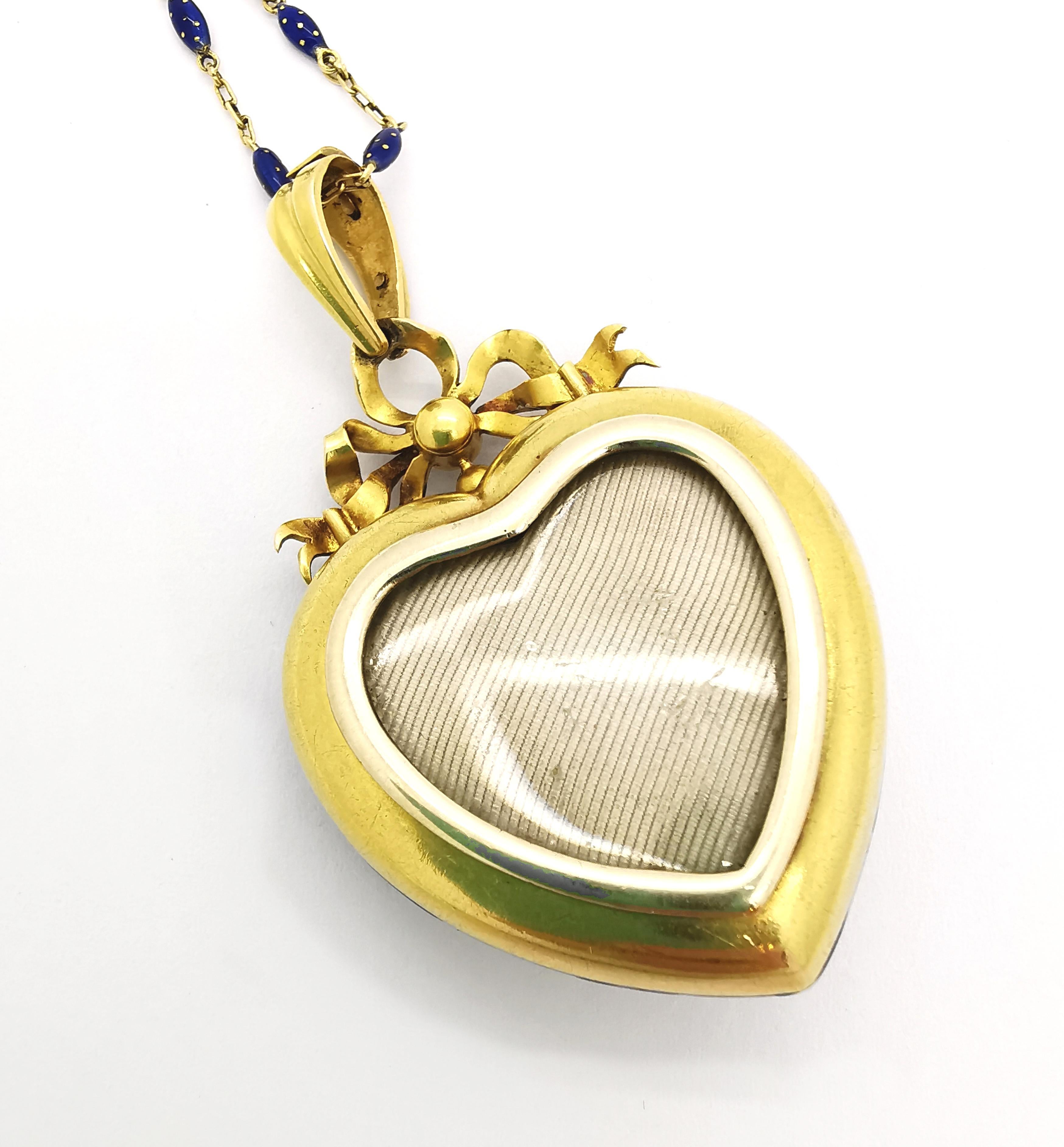 Round Cut Victorian Blue Enamel, Pearl and Gold Heart Locket, circa 1850