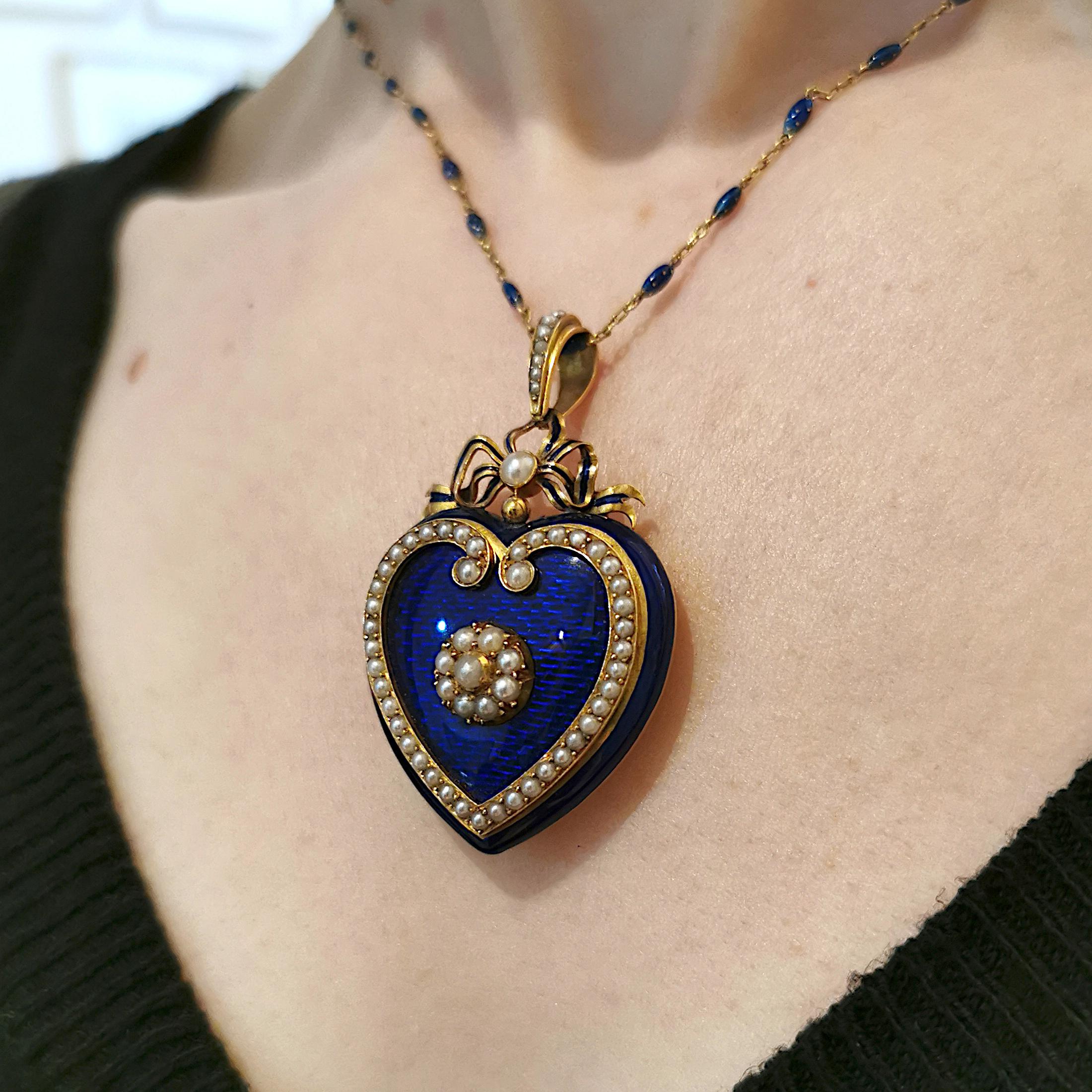 Victorian Blue Enamel, Pearl and Gold Heart Locket, circa 1850 In Good Condition In London, GB