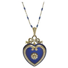 Viktorianisches Herz-Medaillon aus blauer Emaille, Perlen und Gold, um 1850