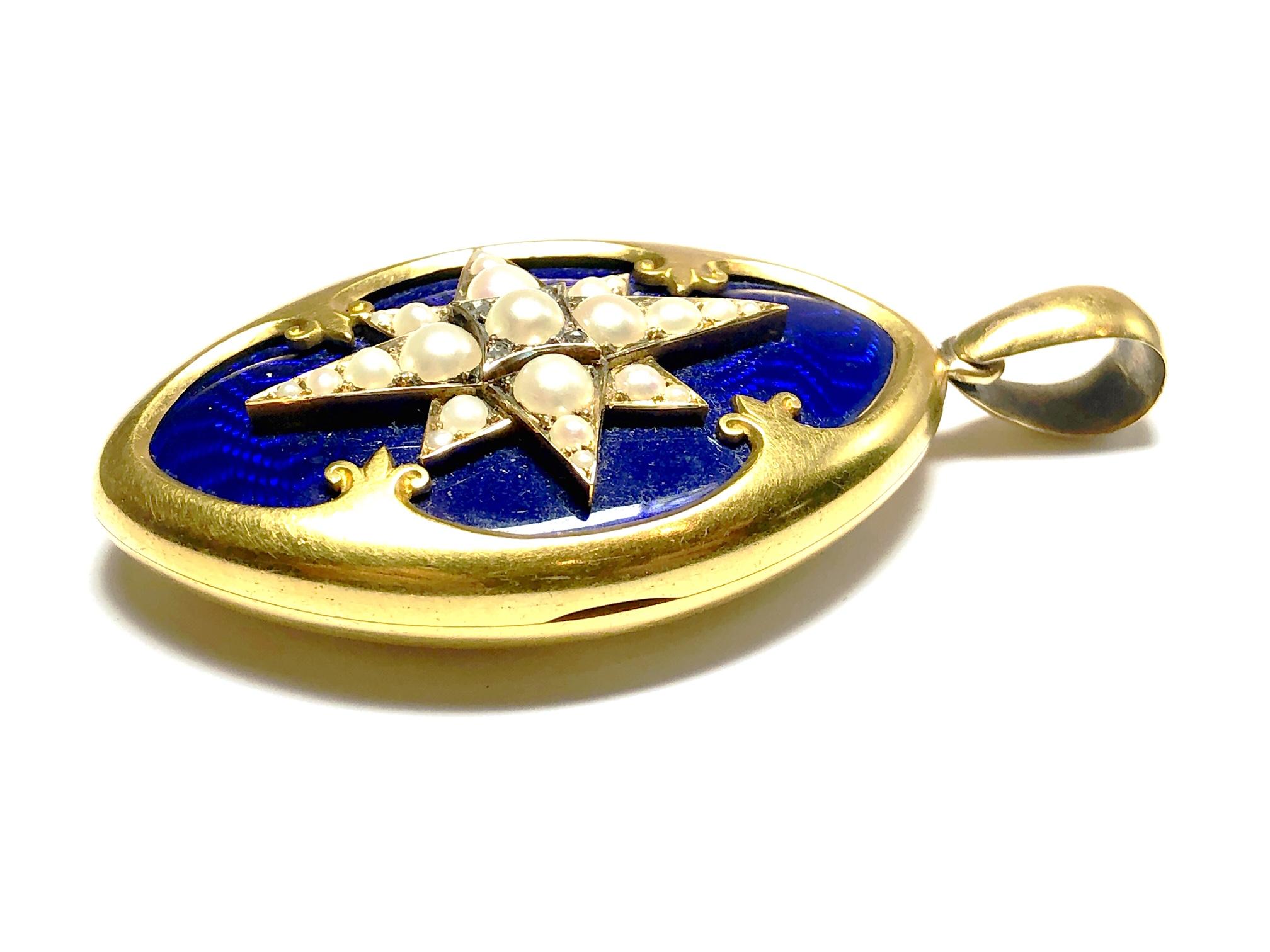 Rose Cut Victorian Blue Enamel, Pearl and Gold Locket, Dated 1874