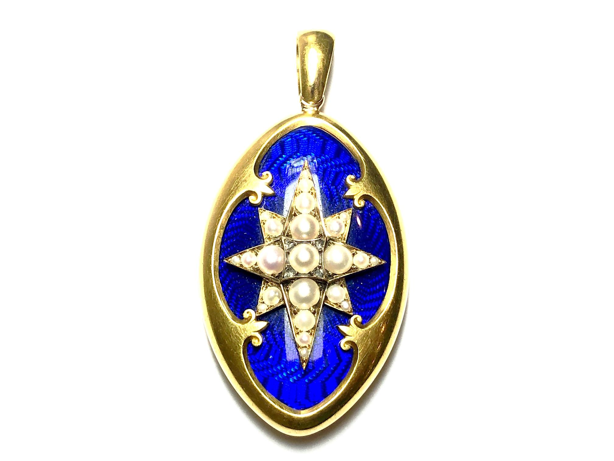Victorian Blue Enamel, Pearl and Gold Locket, Dated 1874 In Good Condition In London, GB