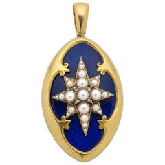Victorian Blue Enamel, Pearl and Gold Locket, Dated 1874