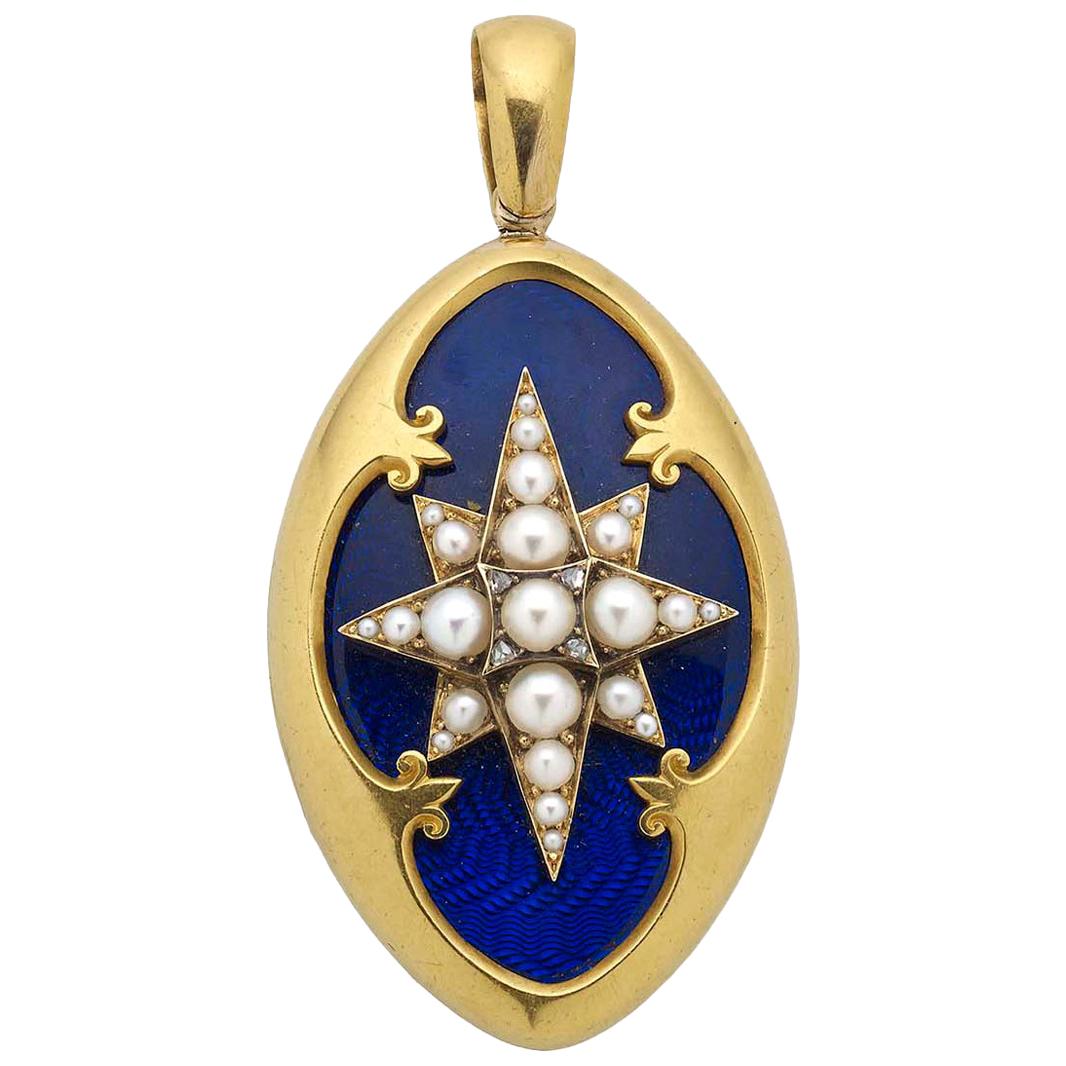 Victorian Blue Enamel, Pearl and Gold Locket, Dated 1874