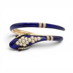 Victorian Blue Enamel, Pearl, Garnet and Gold Snake Bangle, Dated 1849