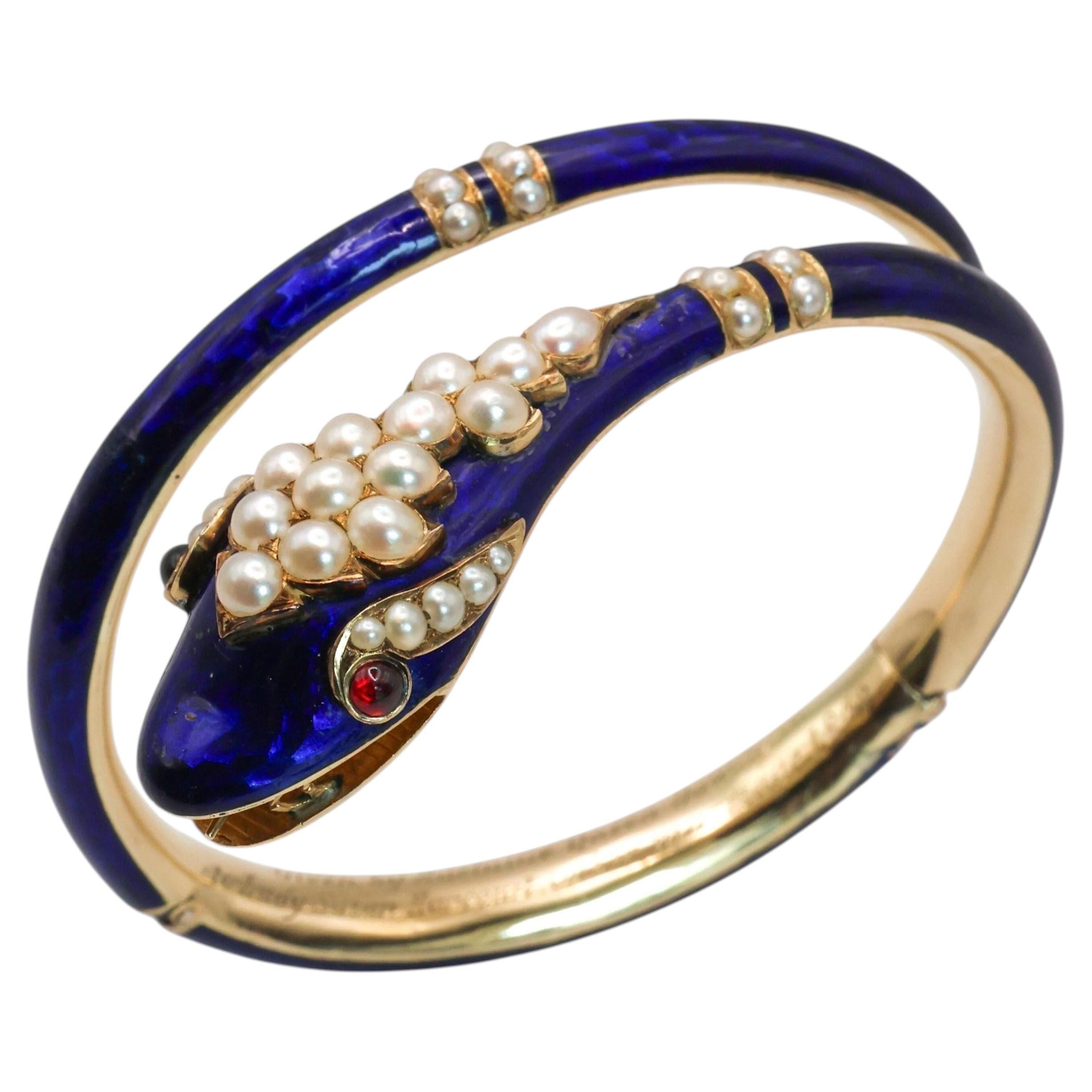 Victorian Blue Enamel, Pearl, Garnet and Gold Snake Bangle, Dated 1849